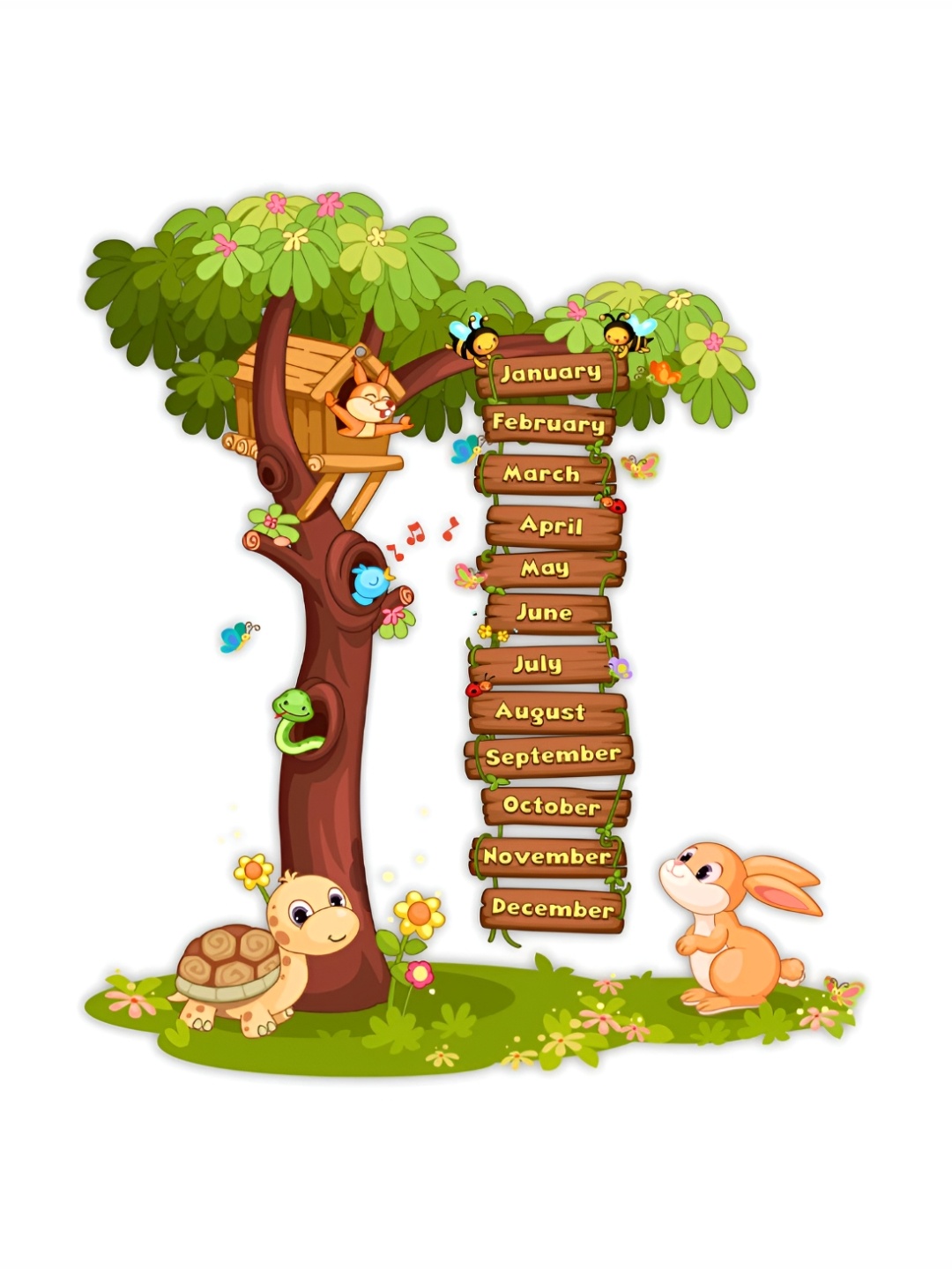 

CVANU Green & Brown Months On Tree Printed Self-Adhesive Wall Sticker