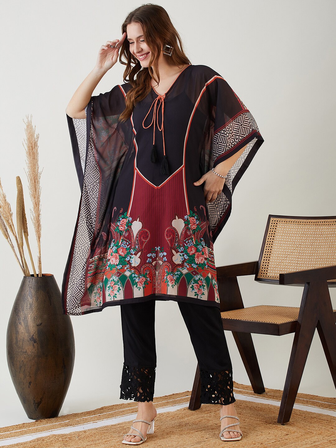 

The Kaftan Company Floral Printed Tie Up Neck Extended Sleeves Georgette Kaftan Kurta, Black
