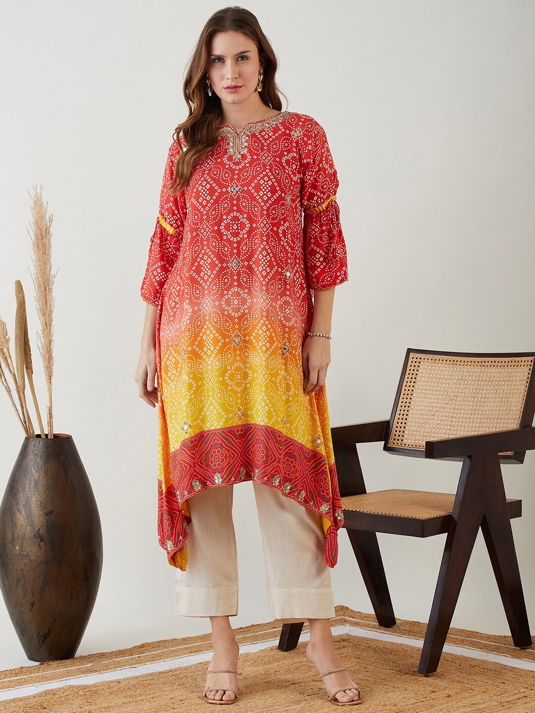 

The Kaftan Company Bandhani Printed Bell Sleeves Gotta Patti Asymmetric Kurta, Red