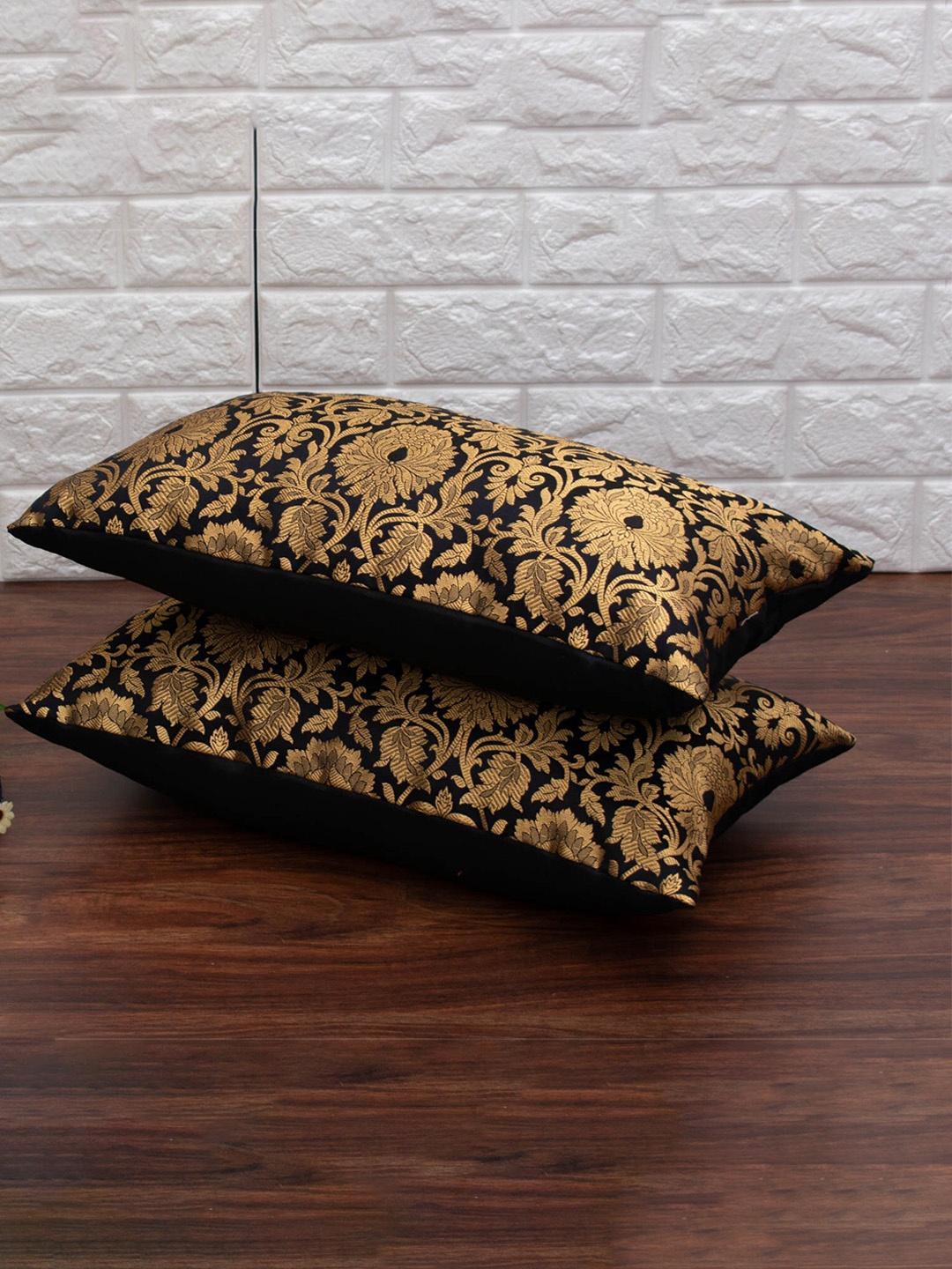 

RoyalDeco Black & Gold Toned 2 Pieces Ethnic Motifs Woven Design Rectangle Cushion Covers