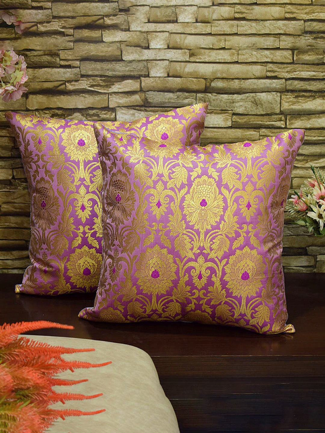 

RoyalDeco Lavender & Gold Toned 2 Pieces Square Banarasi Brocade Silk Cushion Covers