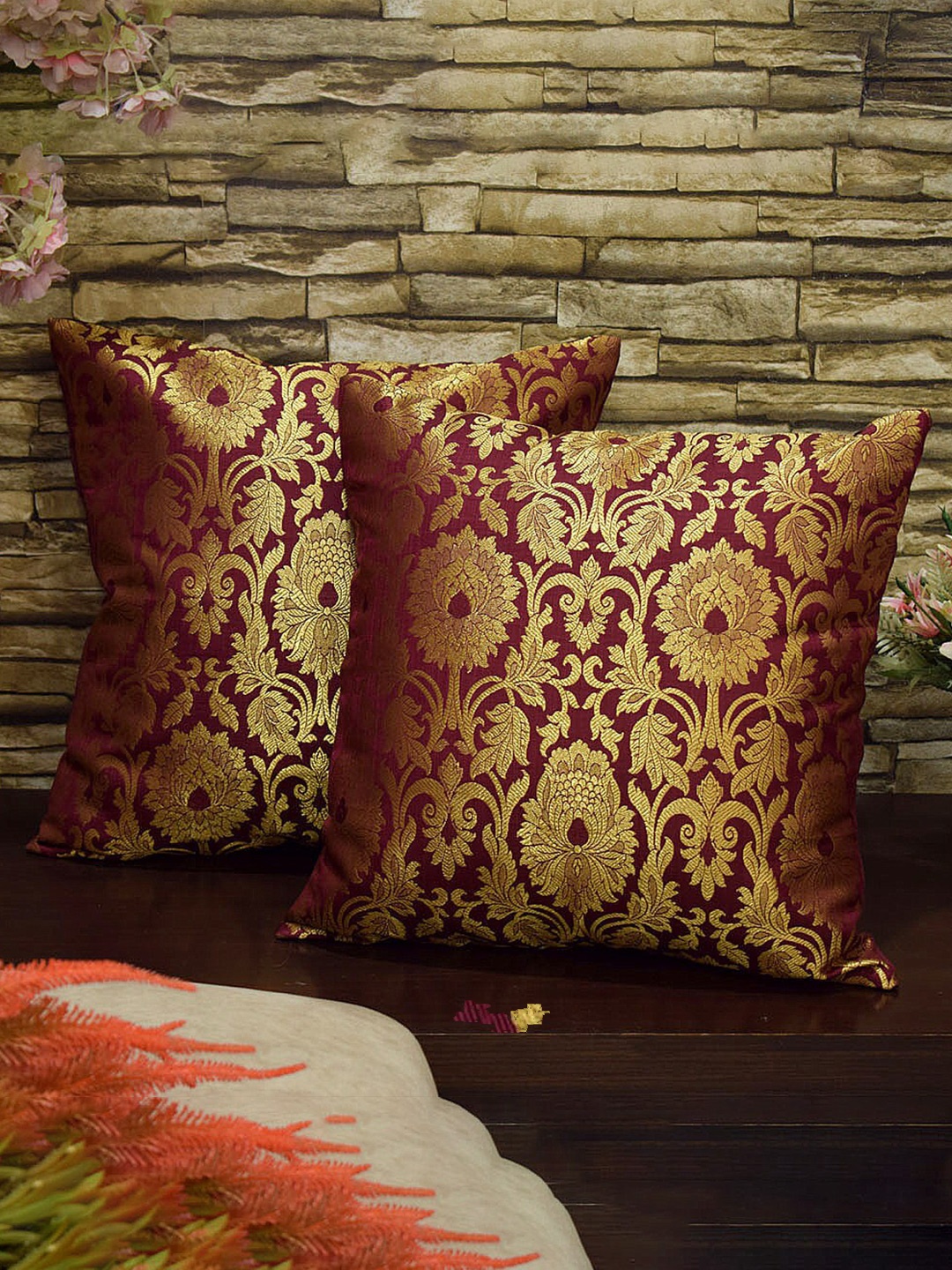 

RoyalDeco Burgundy & Gold Toned 2 Pieces Square Banarasi Brocade Silk Cushion Covers