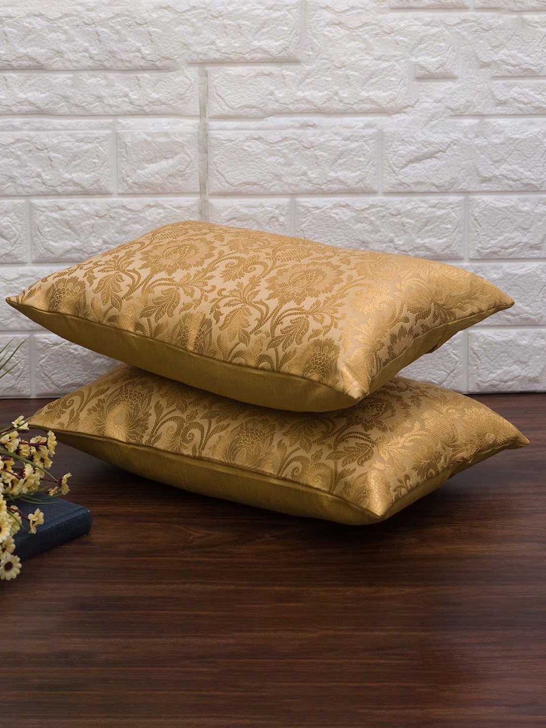 

RoyalDeco Gold-Toned 2 Pieces Floral Banarasi Brocade Silk Rectangle Cushion Covers