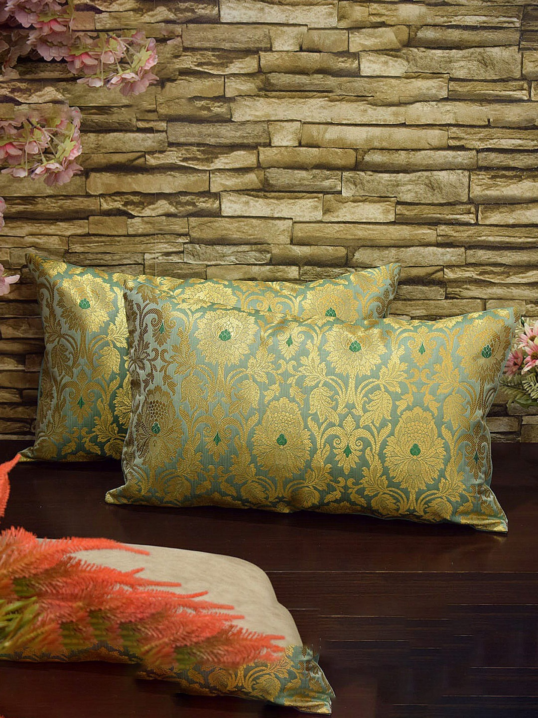 

RoyalDeco Sea Green 2 Pieces Floral Banarasi Brocade Silk Rectangle Cushion Covers