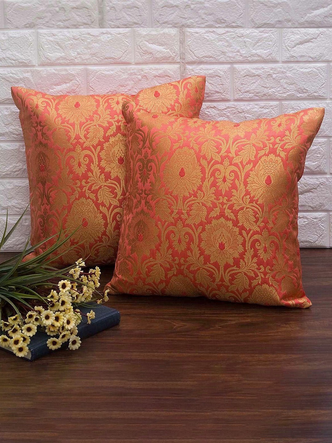 

RoyalDeco Coral 2 Pieces Ethnic Motifs Banarasi Brocade Silk Square Cushion Covers
