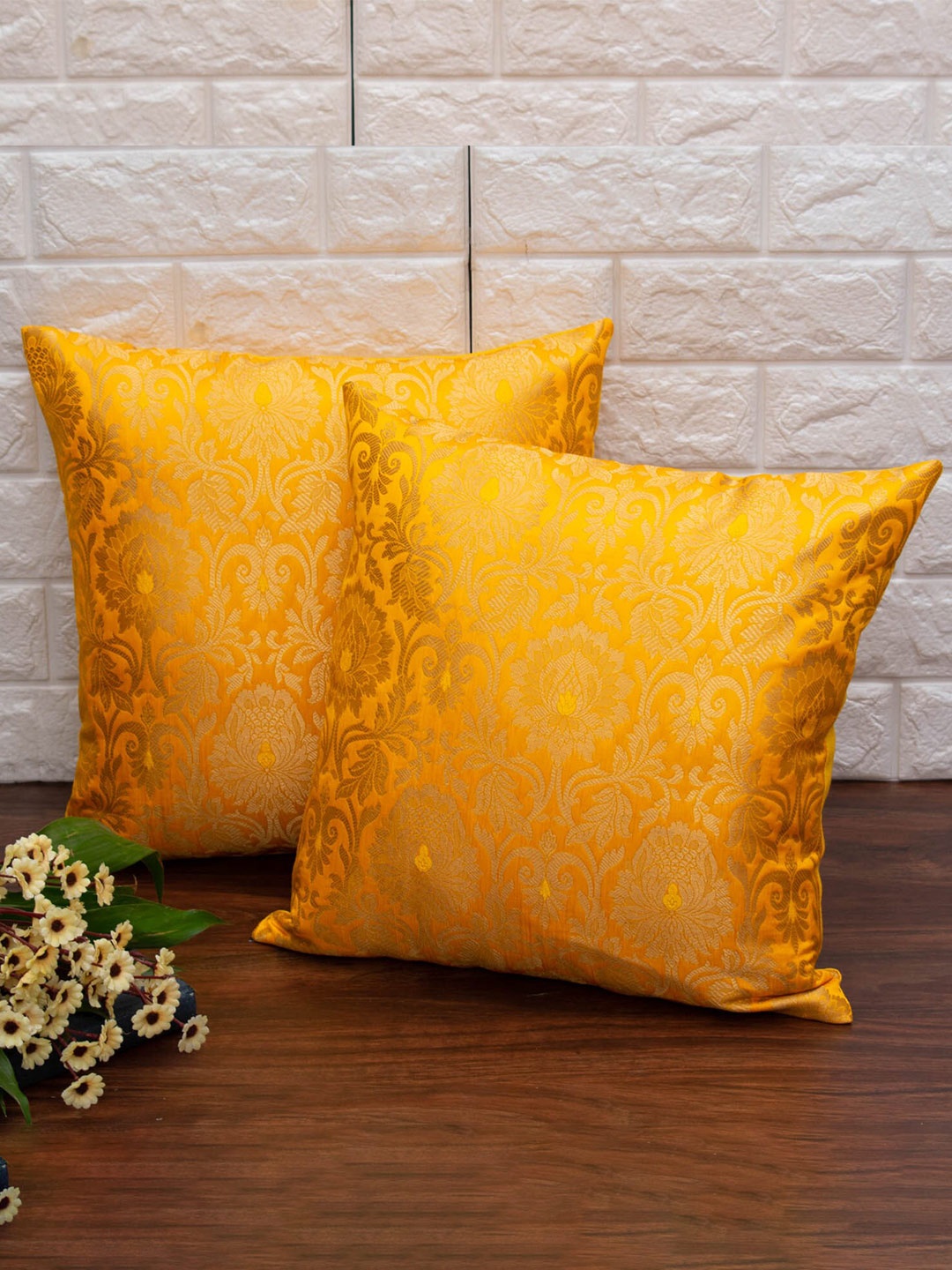 

RoyalDeco Yellow 2 Pieces Ethnic Motifs Banarasi Brocade Silk Square Cushion Covers