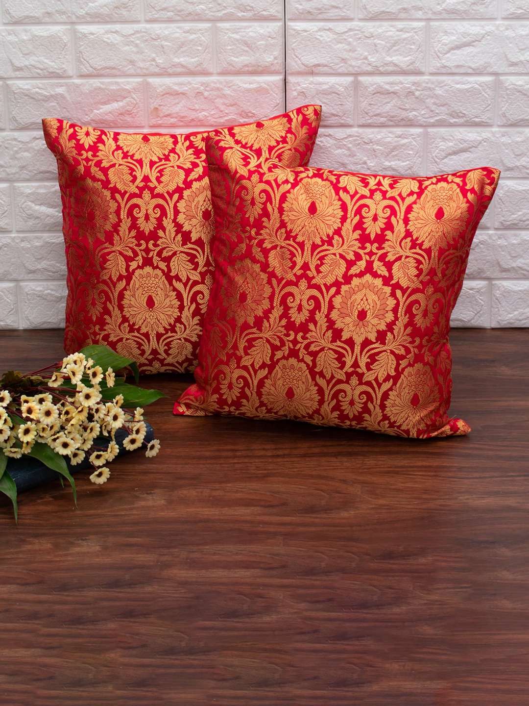 

RoyalDeco Red & Gold Toned 2 Pieces Banarasi Brocade Silk Cushion Covers