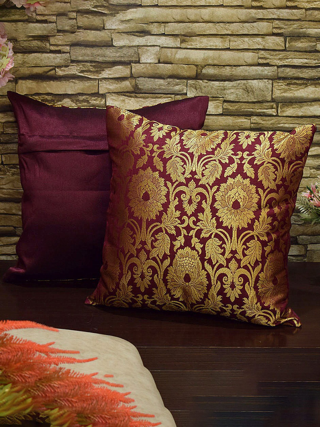 

RoyalDeco Burgundy 2 Pcs Ethnic Motifs Banarasi Brocade Silk Square Cushion Covers