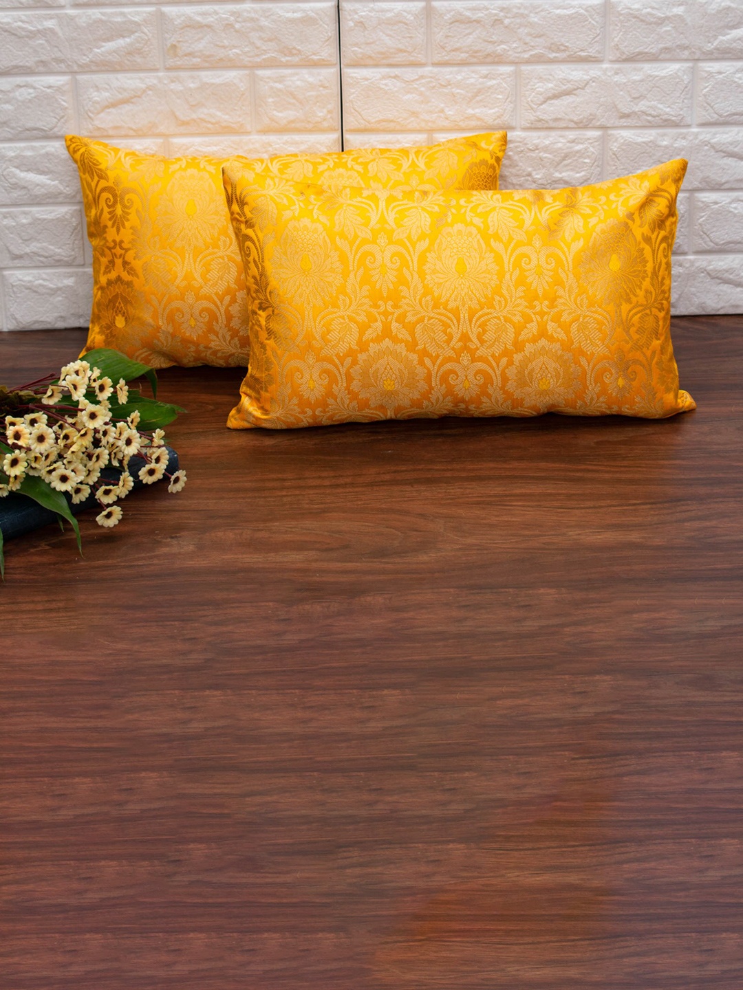 

RoyalDeco 2 Pcs Yellow Ethnic Motifs Banarasi Brocade Silk Rectangle Cushion Covers
