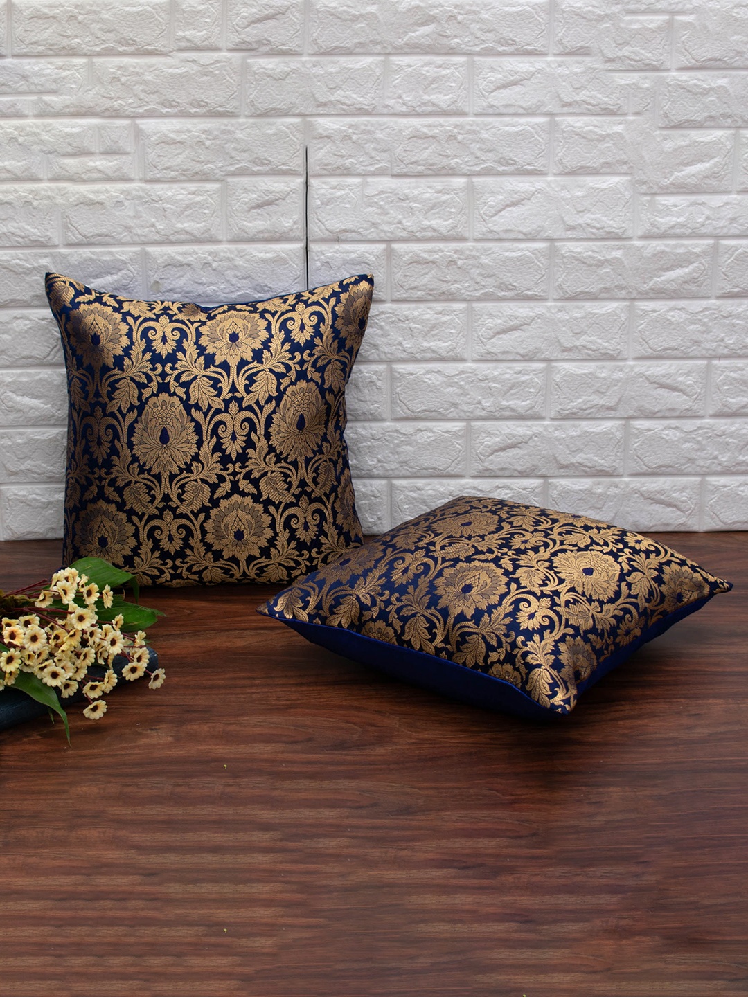 

RoyalDeco Navy Blue & Gold Toned 2 Pieces Ethnic Banarasi Brocade Silk Cushion Covers