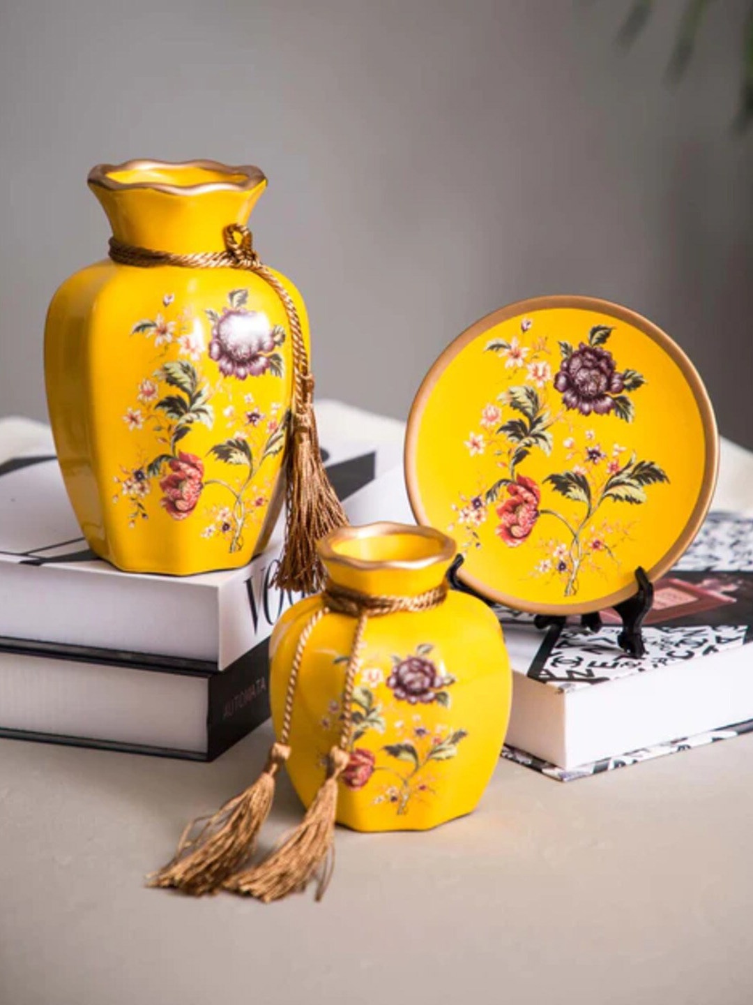 

THEDECORKART Yellow & Green Floral Printed Ceramic Vase