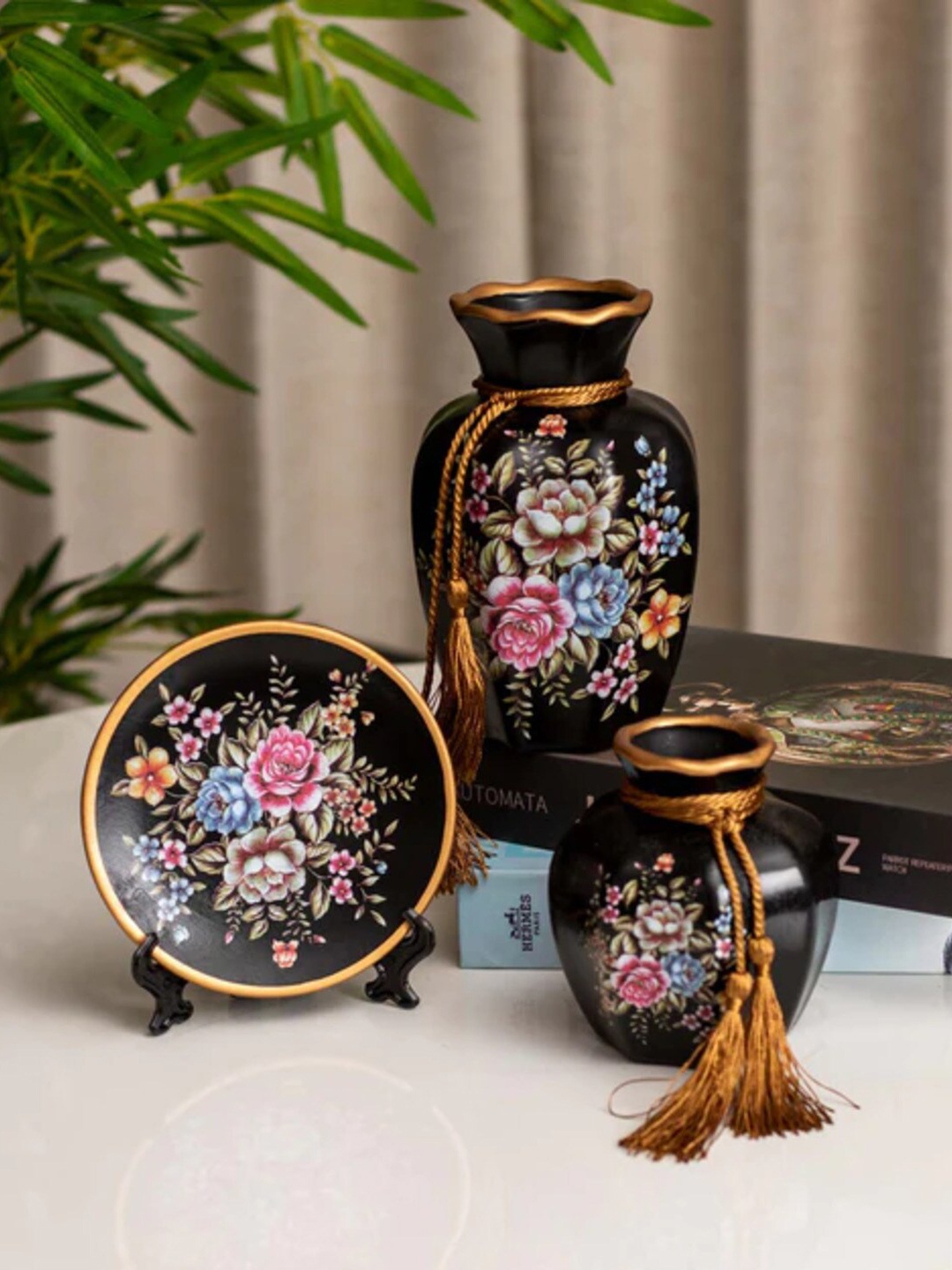

THEDECORKART Black & Pink Floral Printed Ceramic Vase