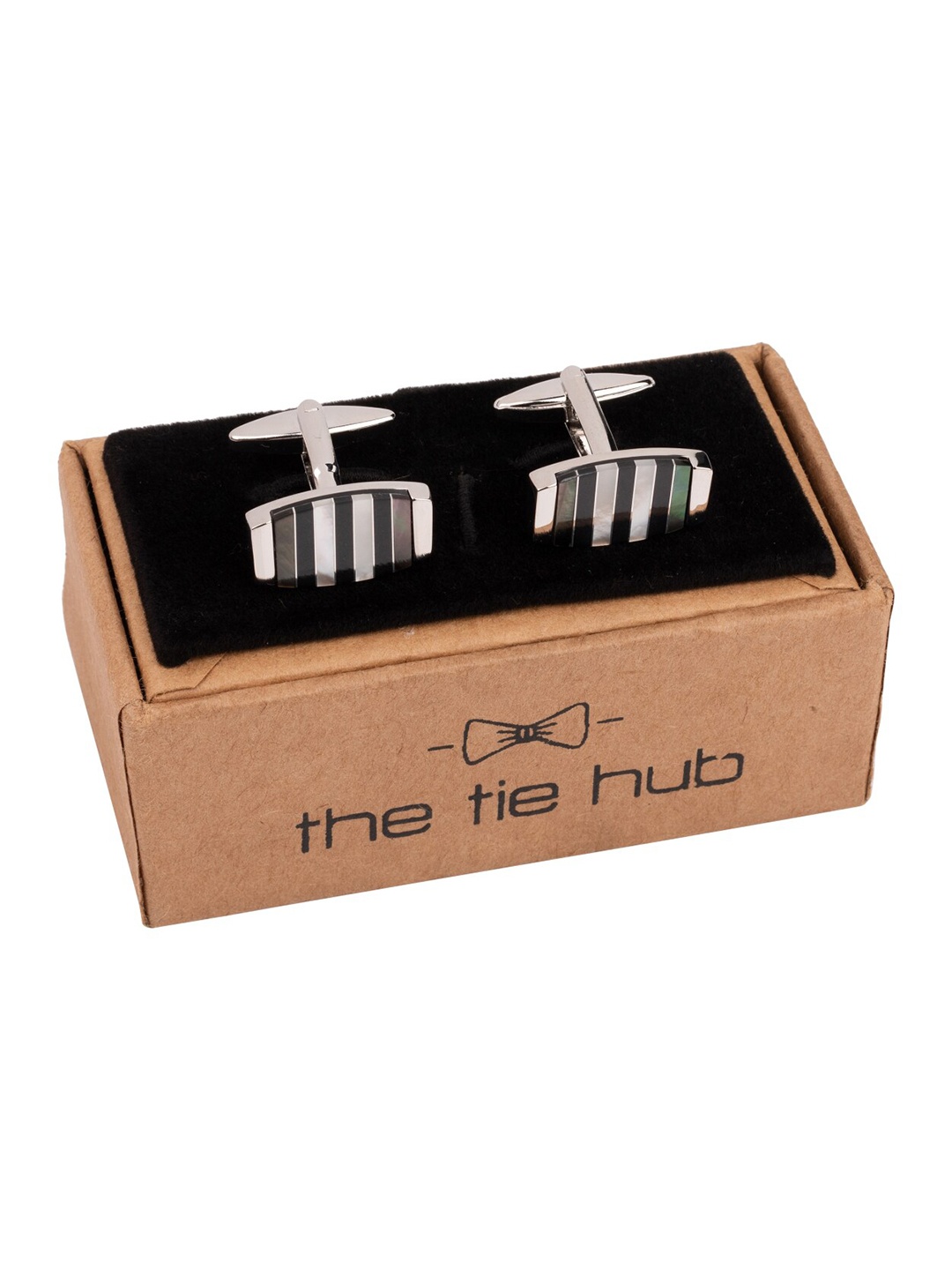 

The Tie Hub Rhodium-Plated Striped Brass Rectangular Cufflink, Black