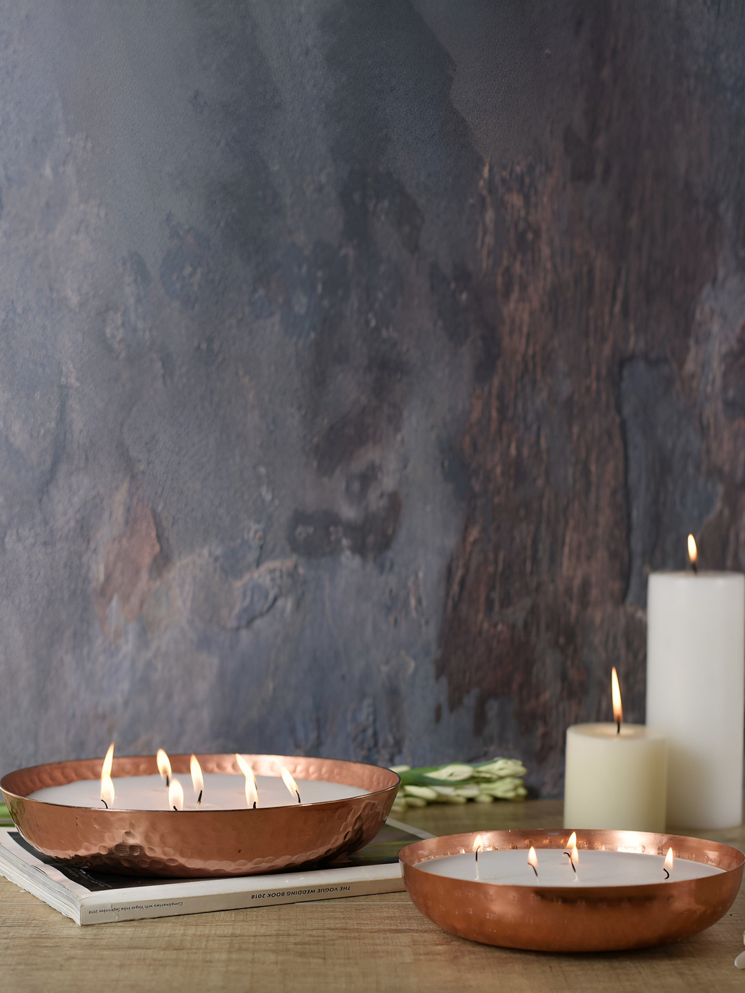 

Manor House CopperToned Roshni Scented Flovored Wax Filled Metal Bowl Urli Candle Holder, Copper