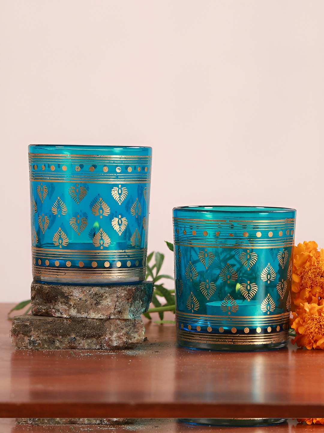 

Manor House Blue and GoldToned 2 Pieces Tealight Glass Votives Candle Holder