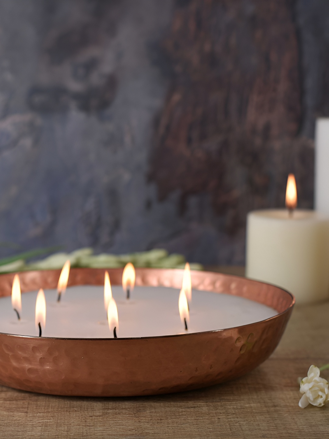 

Manor House CopperToned Roshni Scented Flovored Wax Filled Metal Bowl Urli Candle Holder, Copper