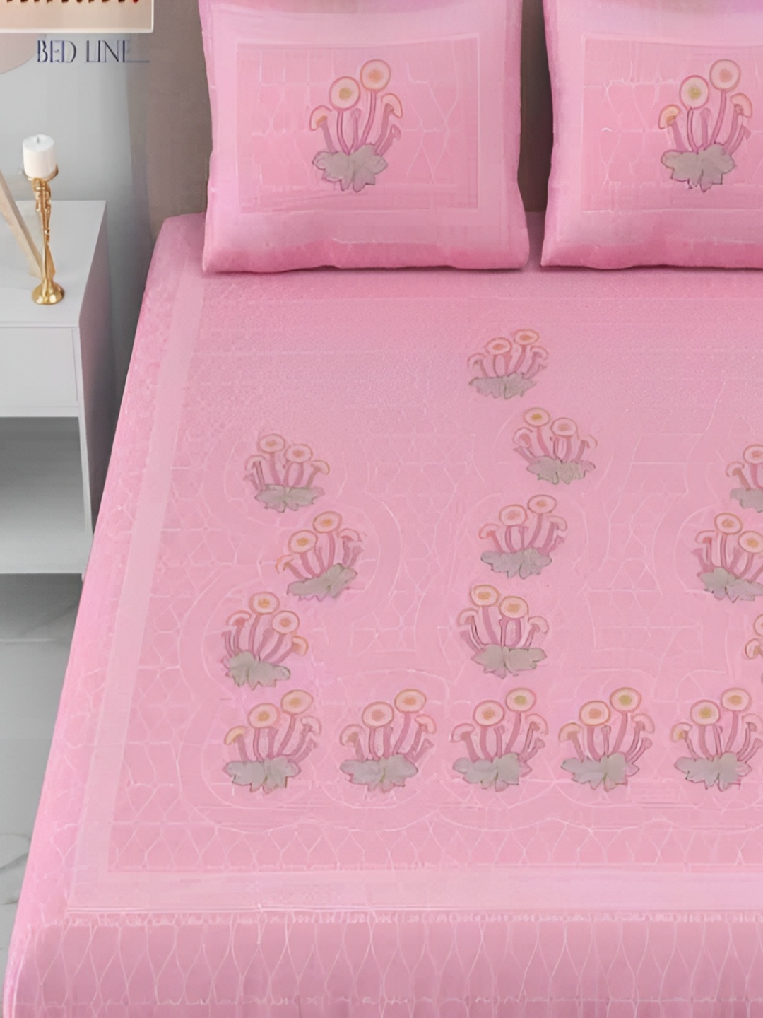 

Bedbathandbliss Pink & Grey Floral 300 TC Cotton King Bedsheet with 2 Pillow Covers