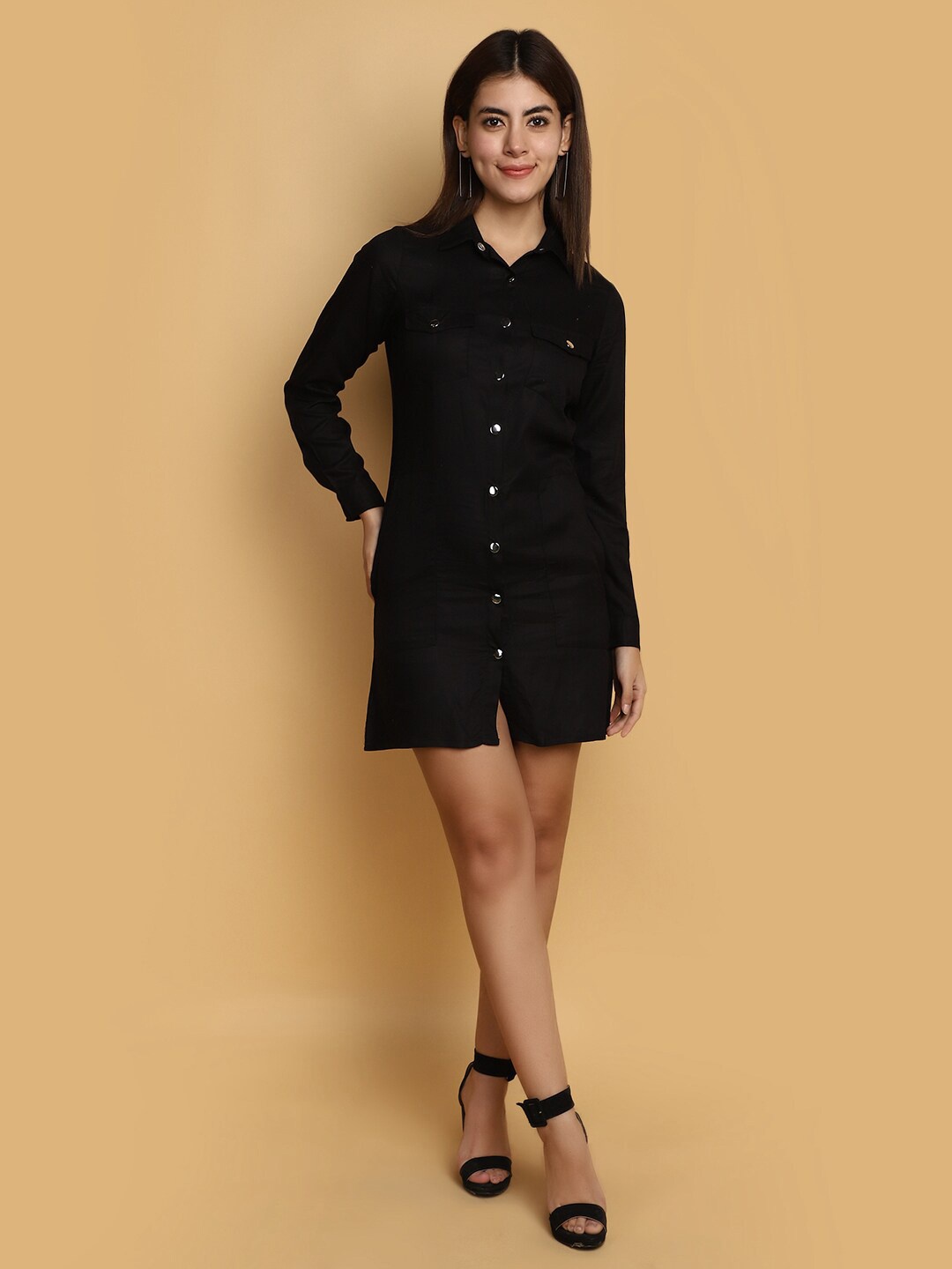 

V-Mart Shirt Collar Cuffed Sleeves Cotton Fit & Flare Shirt Mini Dress, Black
