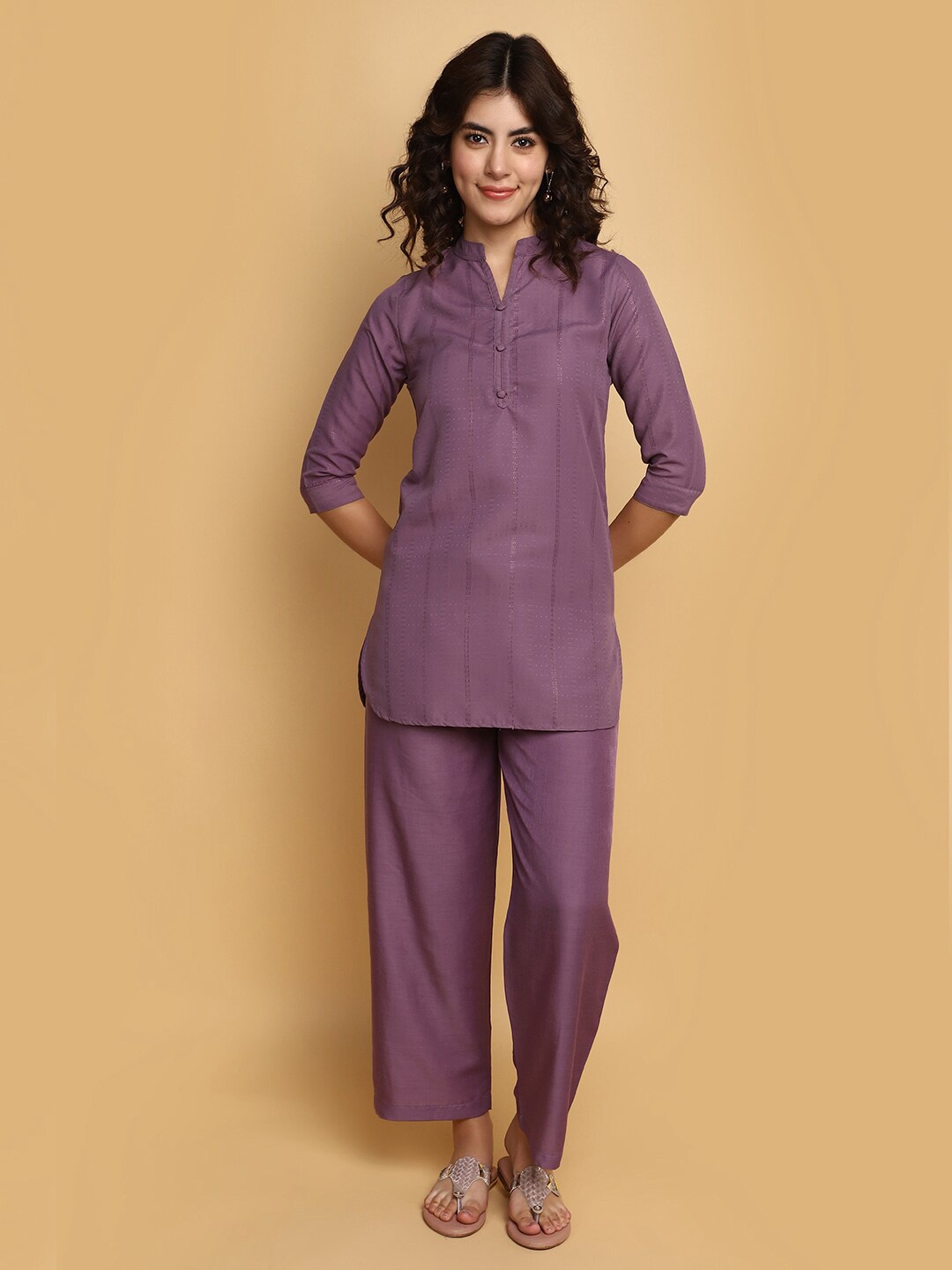 

V-Mart Striped Mandarin Collar Tunic With Trousers, Purple