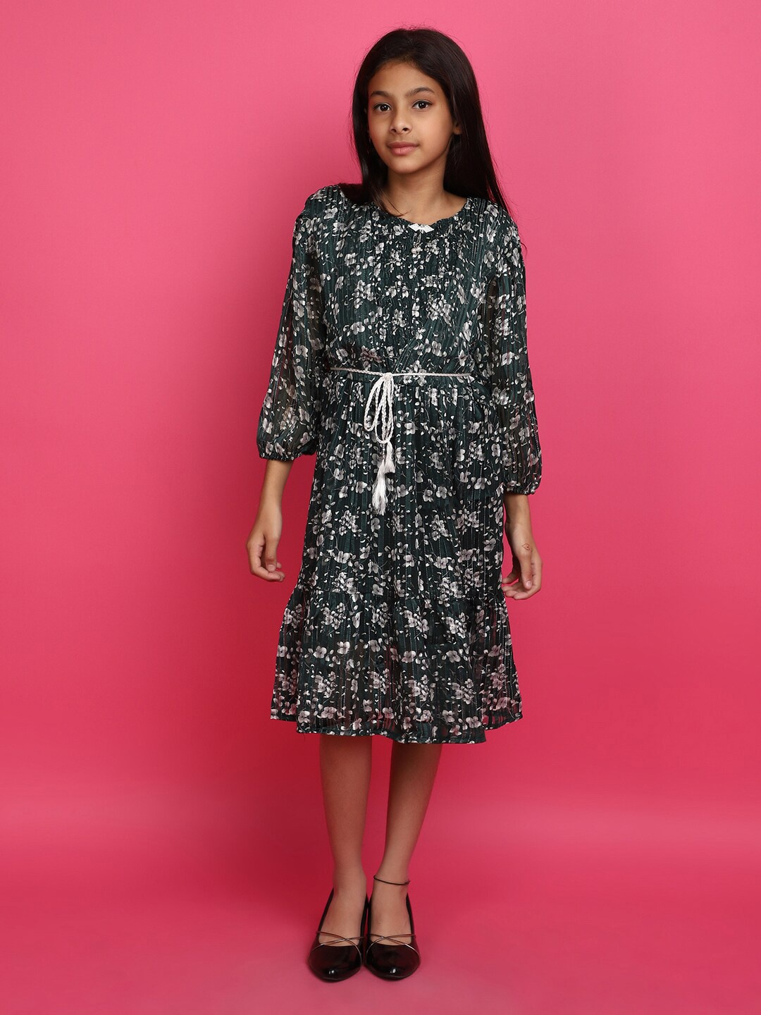 

V-Mart Girls Floral Printed Fit & Flare Cotton Midi Dress, Green