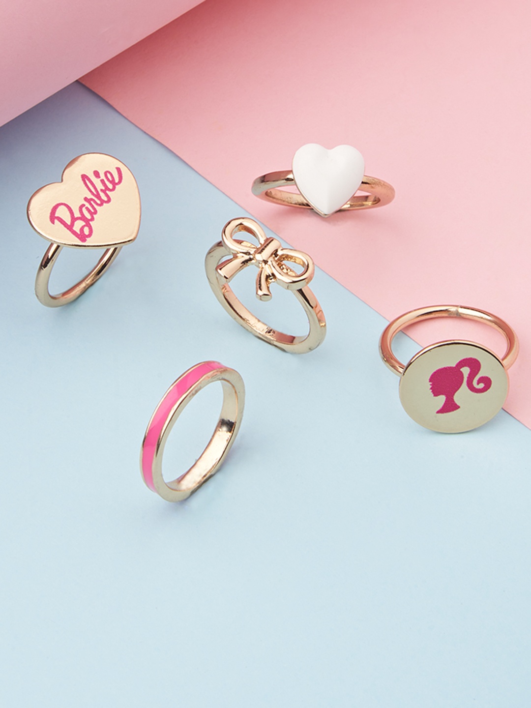 

ToniQ Set Of 5 Barbie Enamel Heart Gold Plated Finger Rings