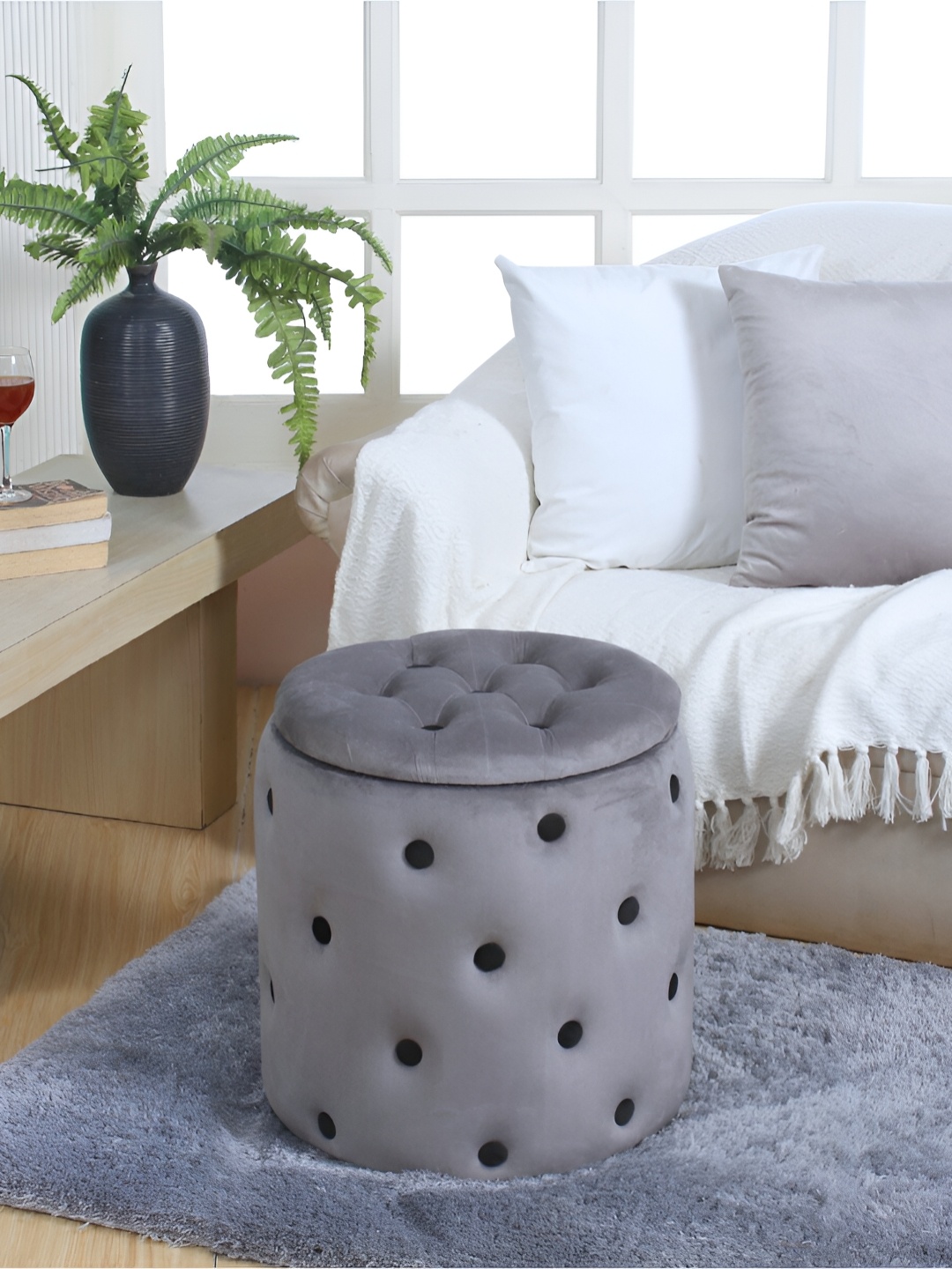 

Shadowkart Grey Velvet Round With Storage Ottomans