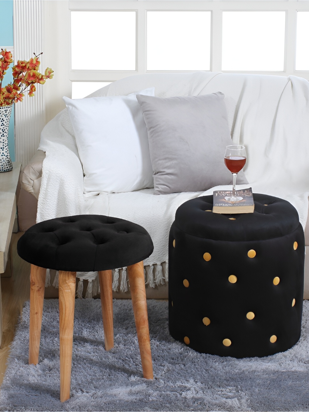 

Shadowkart Black Wooden Round Ottomans