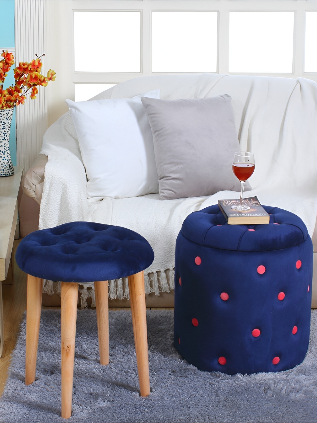 

Shadowkart Blue & Pink Wooden Round Ottomans