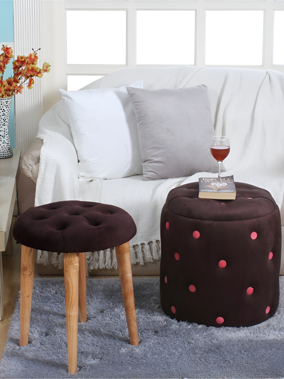 

Shadowkart Coffee Brown & Pink Velvet Cylindrical Ottomans