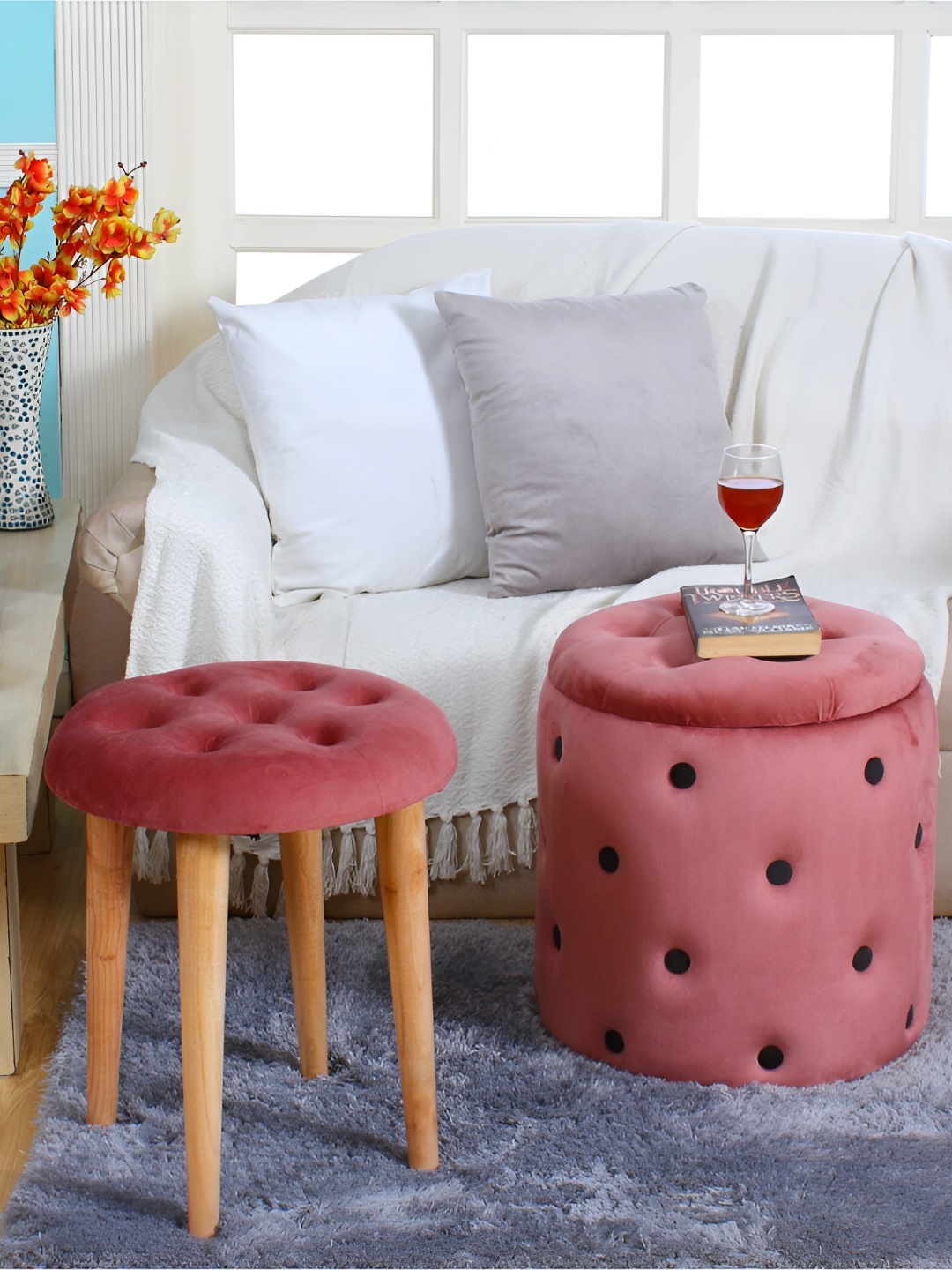 

Shadowkart Pink & Black Wooden Round Ottomans