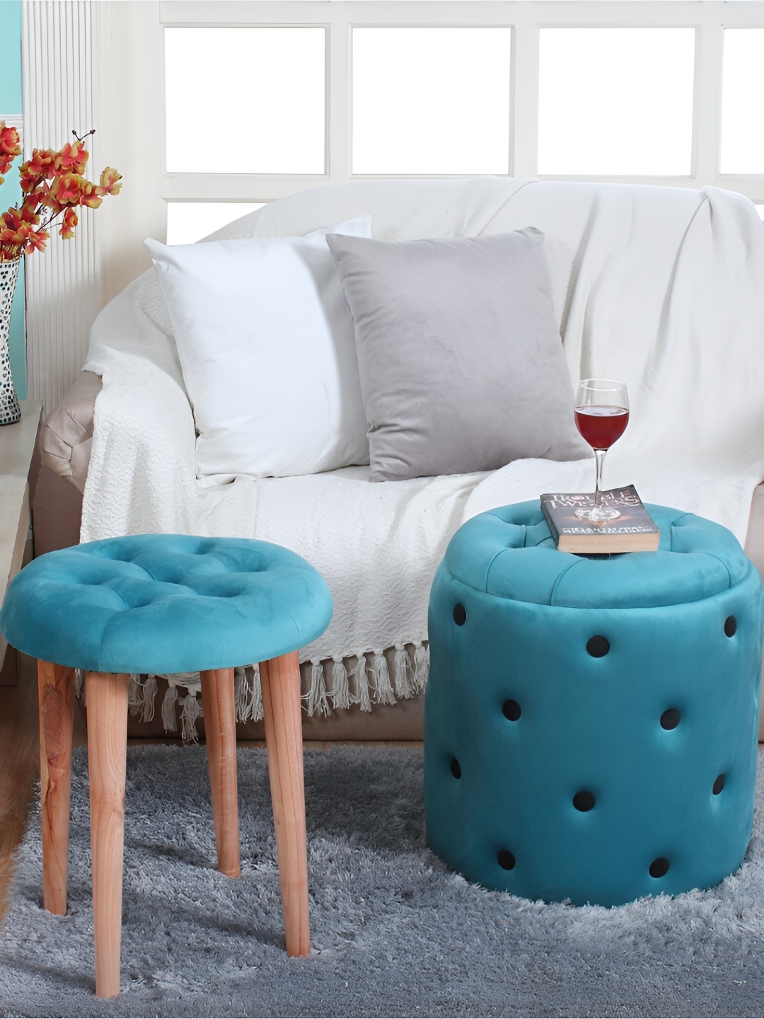

Shadowkart Blue Wooden Round Ottomans