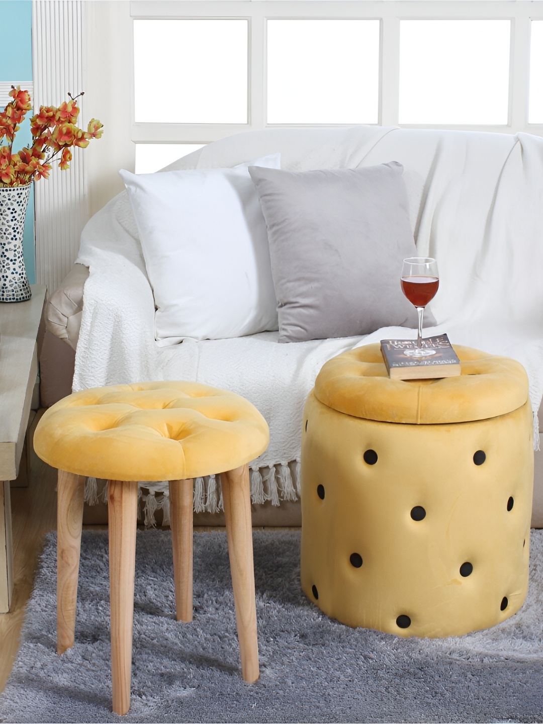 

Shadowkart Beige Velvet Cylindrical With Storage Ottomans