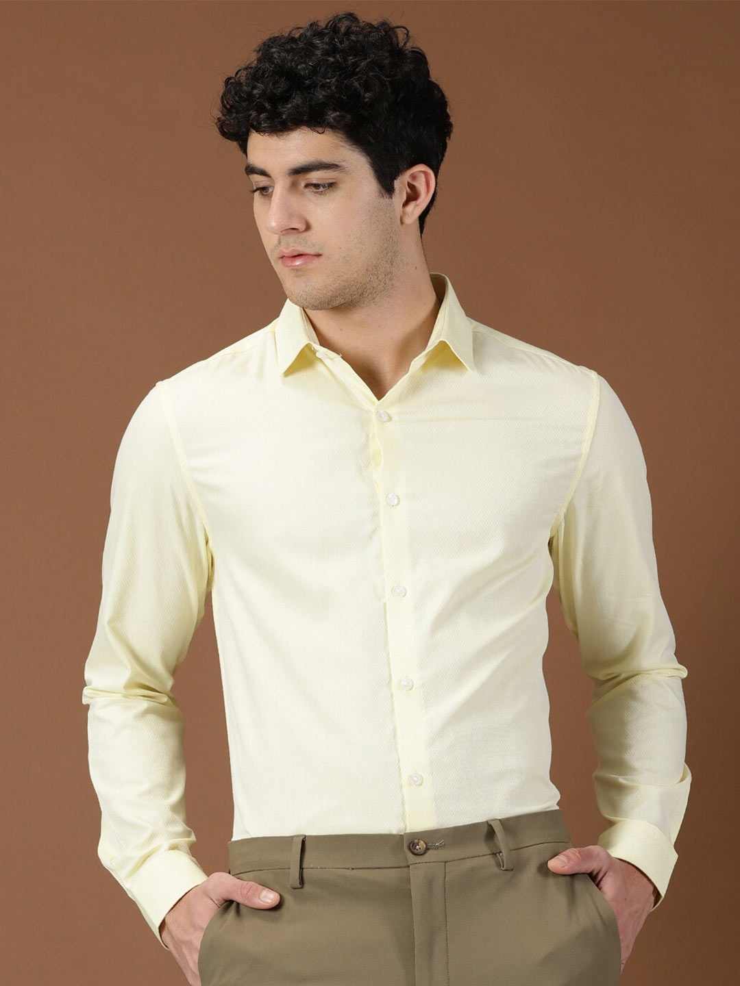 

INVICTUS Self Design Textured Original Slim Fit Pure Cotton Formal Shirt, Yellow