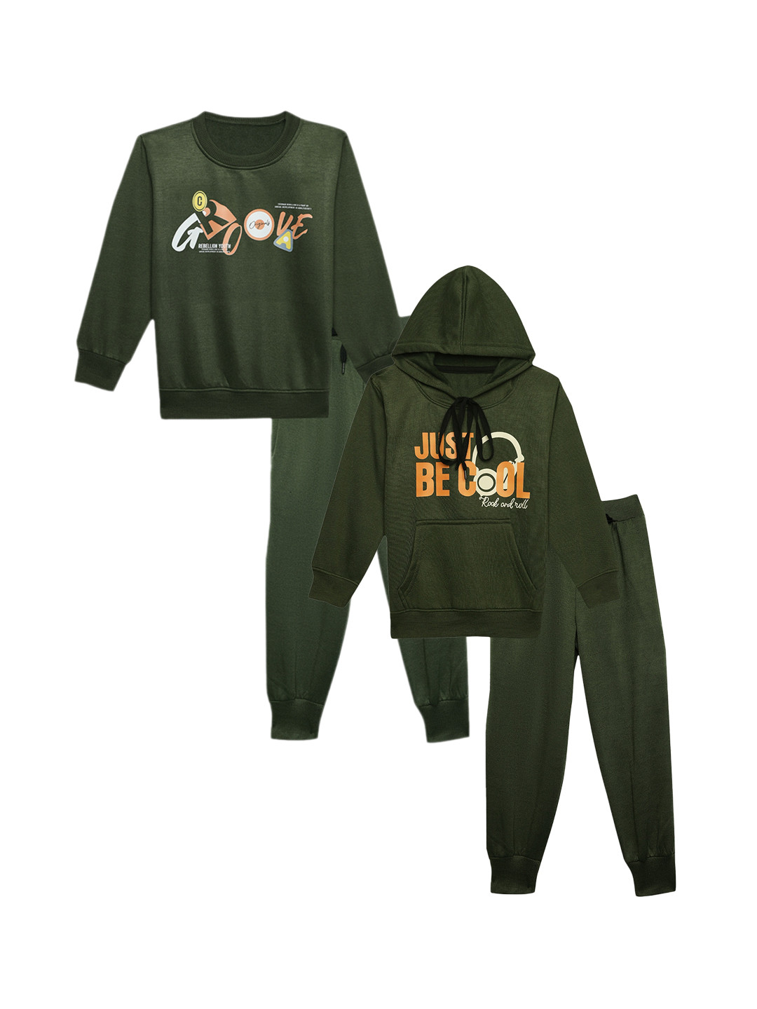 

VIMAL JONNEY Kids Pack Of 2 Typography Printed Cotton Fleece Tracksuits, Olive