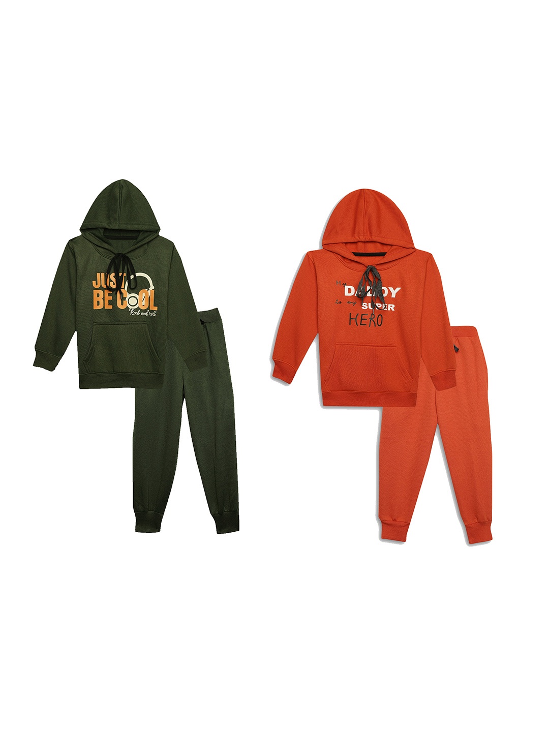 

VIMAL JONNEY Kids Pack Of 2 Typography Printed Hood Cotton Fleece Sweatshirts With Joggers, Olive