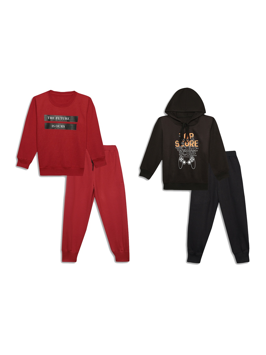 

VIMAL JONNEY Kids Pack Of 2 Typography Printed Cotton Fleece Sweatshirts With Joggers, Maroon