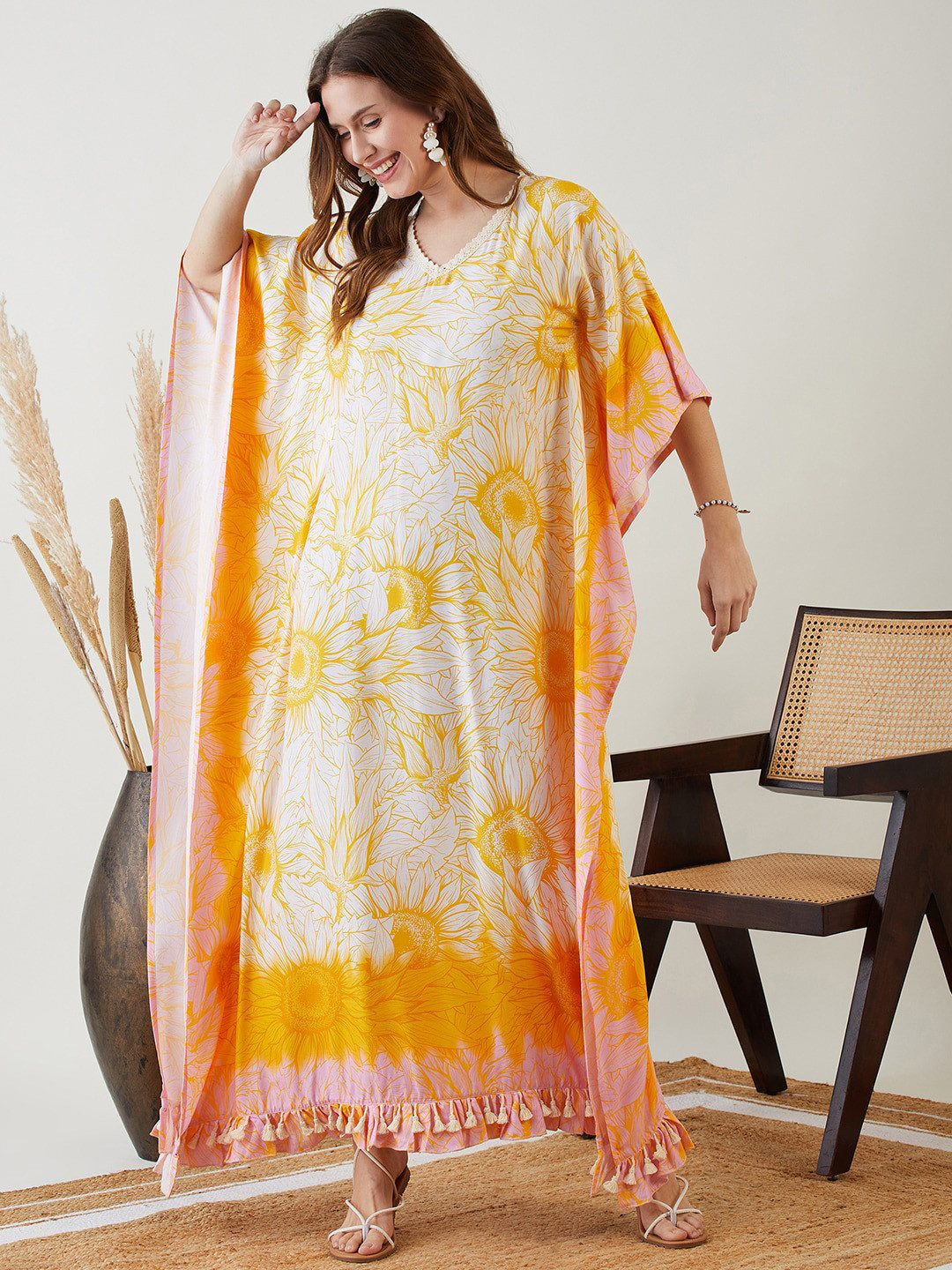

The Kaftan Company Sunflower Printed Maxi Kaftan Cover-Up Dress, Yellow