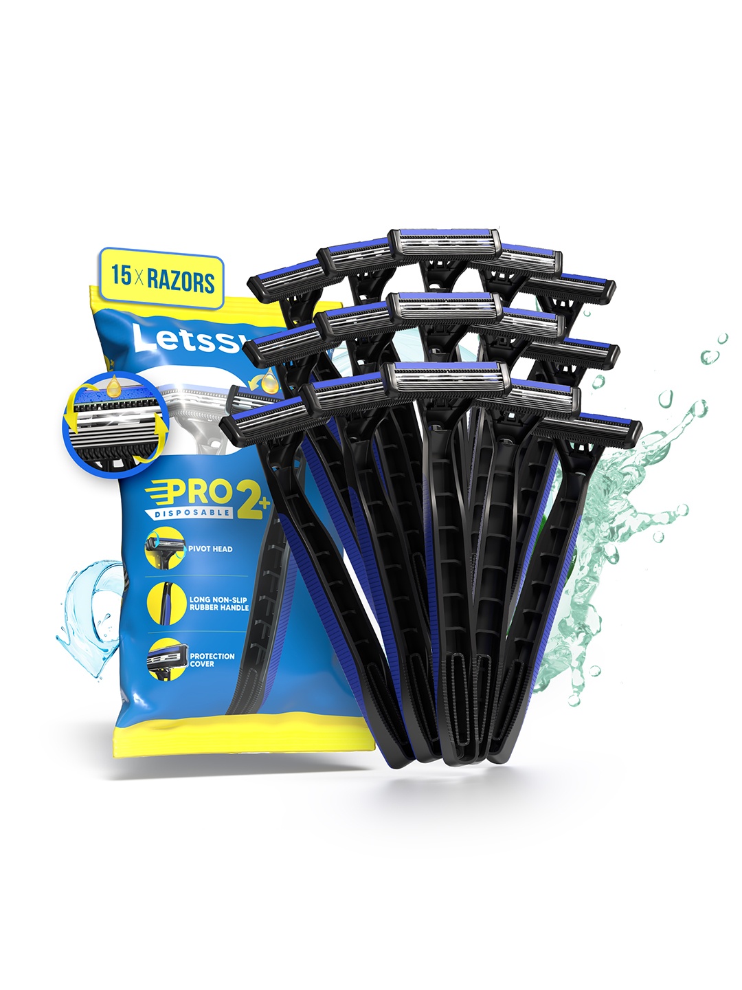

LetsShave 15-Pcs Pro 2 Blade Plus Disposable Shaving Razor, Blue