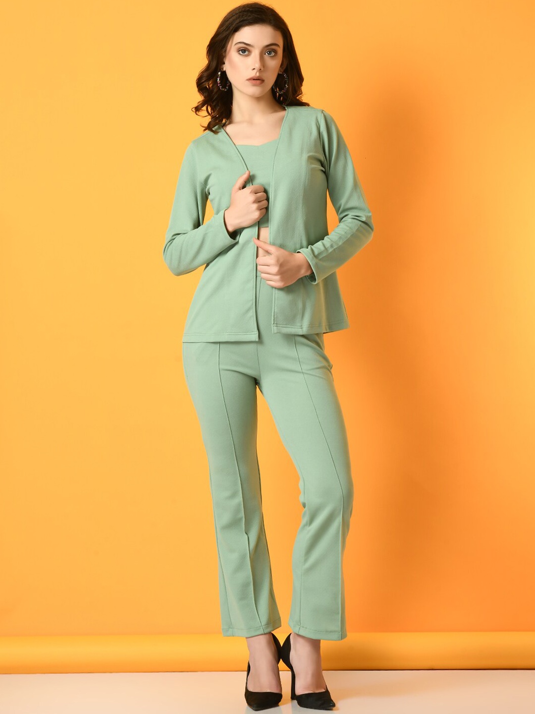 

KALINI Sweetheart Neck Crop Top & Trouser With Coat, Green