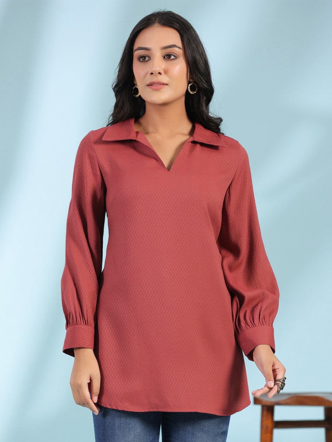 

soan Dobby Woven Design Shirt Collar Dobby Kurti, Rust