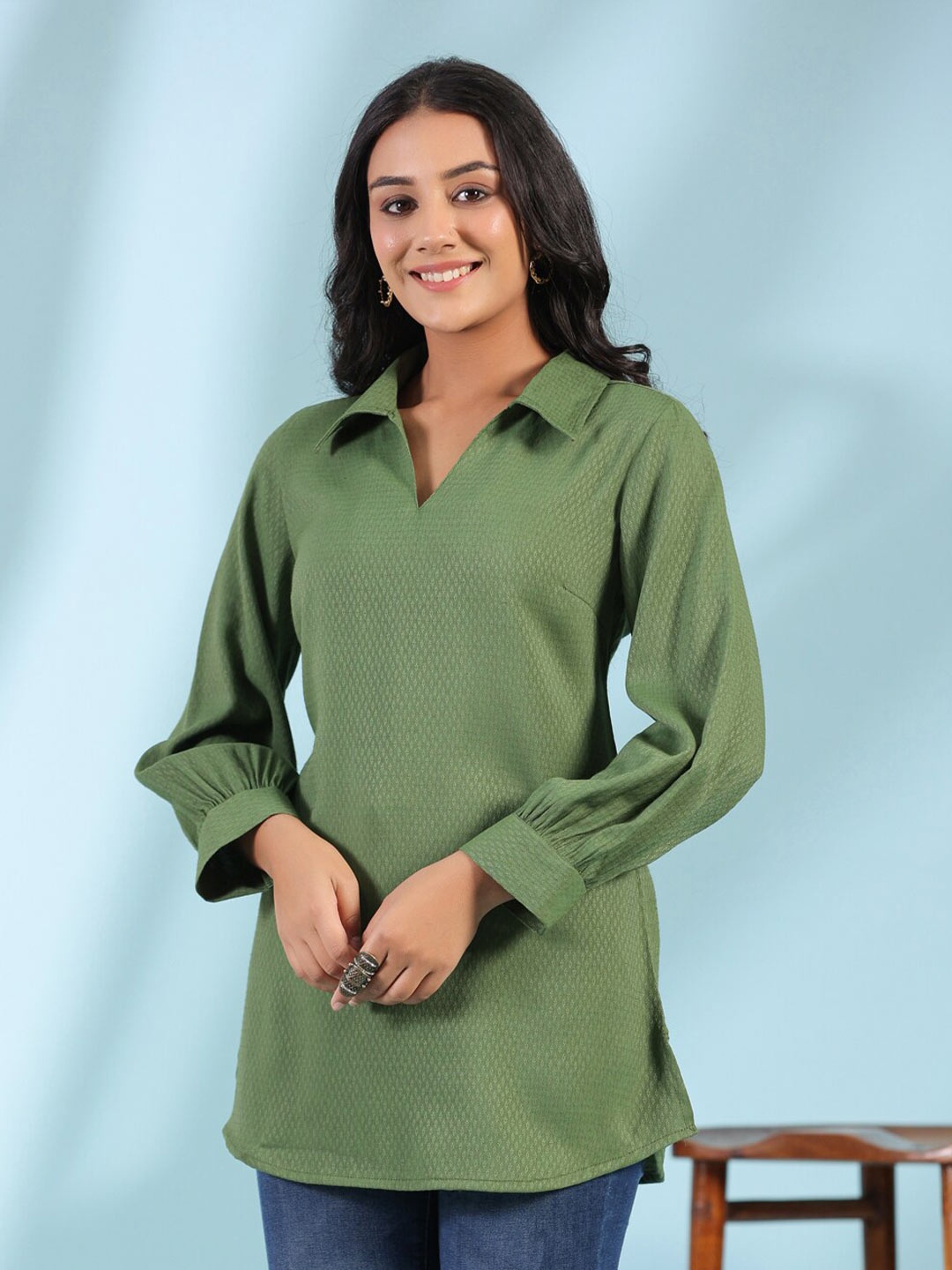 

soan Dobby Woven Design Shirt Collar Dobby Kurti, Olive