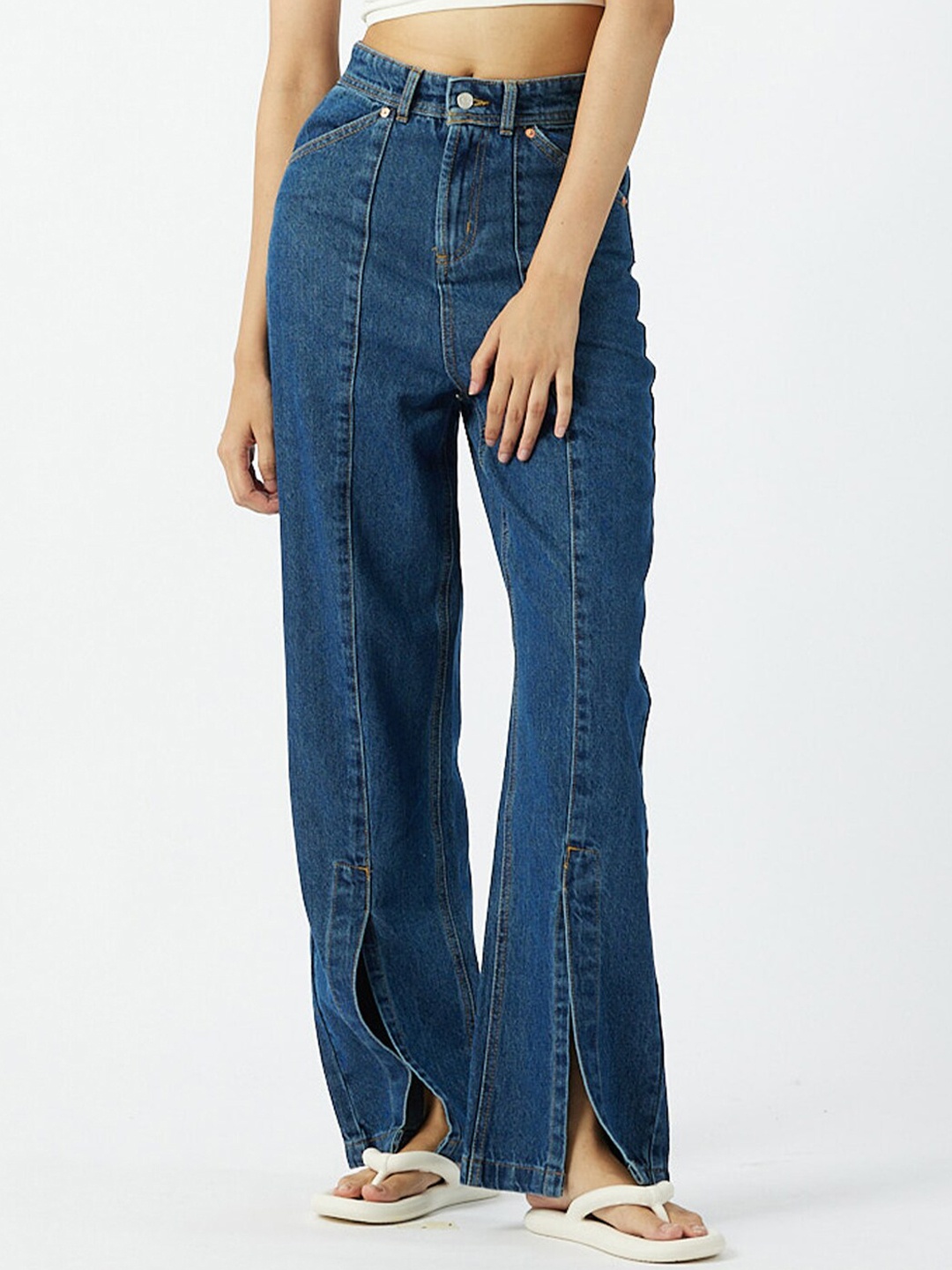 

Koovs Women Clean Look Flared Cotton Jeans, Blue