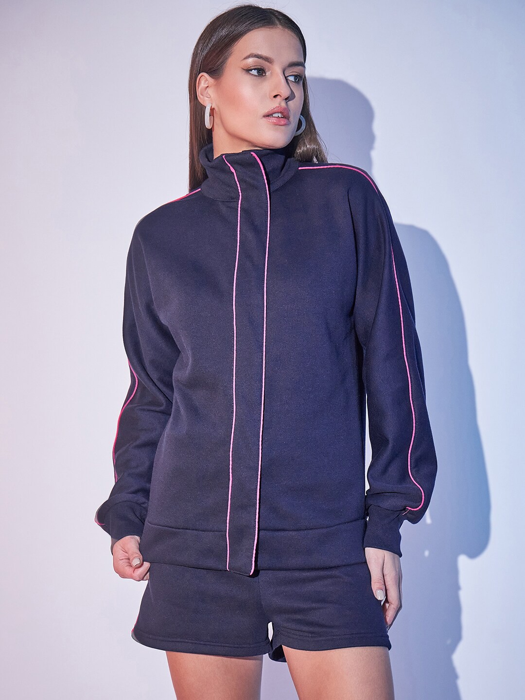 

STREET 9 Hih Neck Pure Cotton Sweatshirt and Shorts Co-Ords, Navy blue