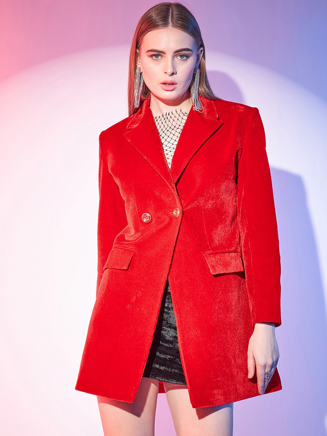 

STREET 9 Notched Lapel Long Sleeves Satin Single-Breasted Overcoat, Red