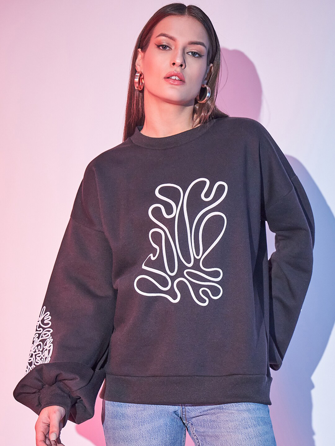 

STREET 9 Graphic Printed Pure Cotton Fleece Pullover, Black