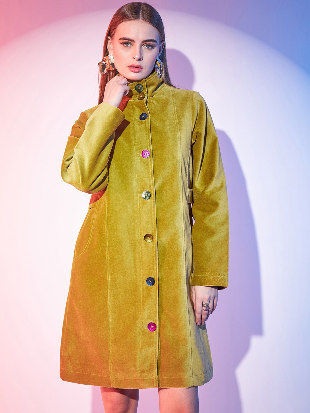 

STREET 9 Velvet Single-Breasted Longline Overcoat, Yellow