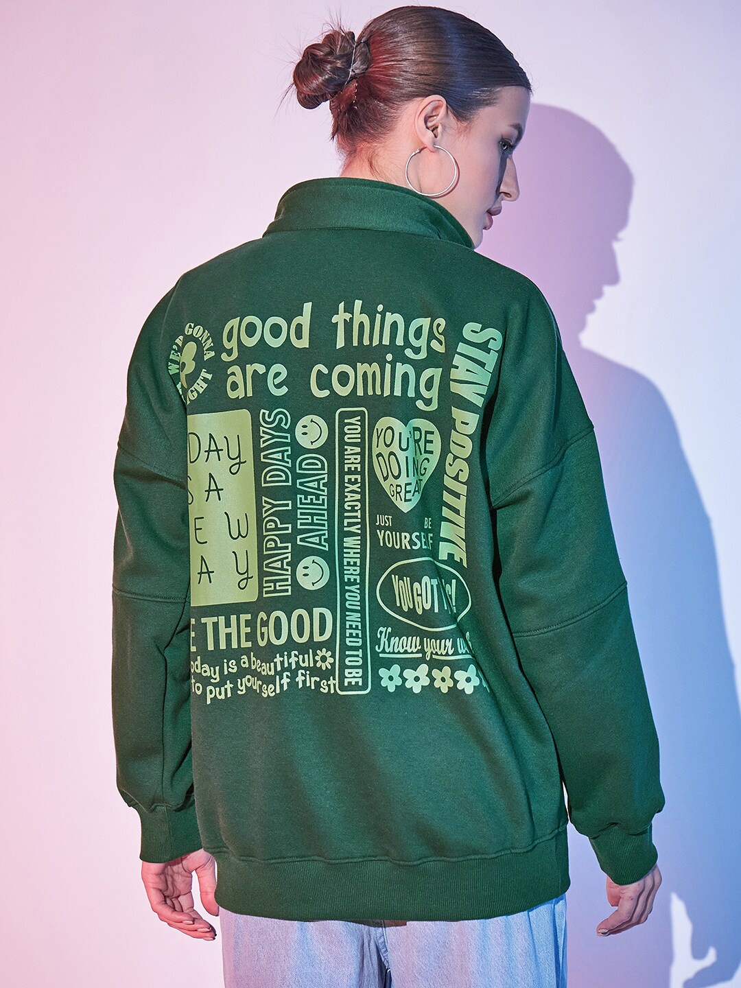 

STREET 9 Green Typography Printed Mock Collar Pullover Fleece Sweatshirt