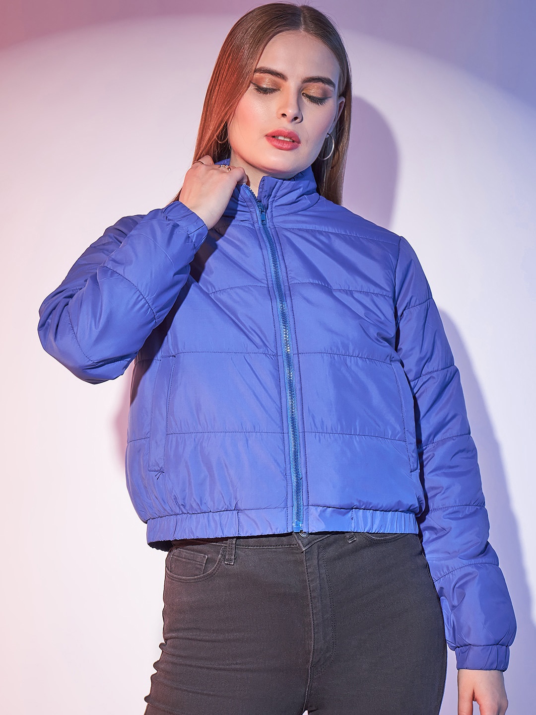 

STREET 9 Blue Stand Collar Lightweight Crop Puffer Jacket