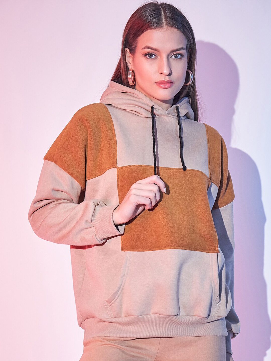 

STREET 9 Colourblocked Hooded Long Sleeves Printed Pullover, Brown