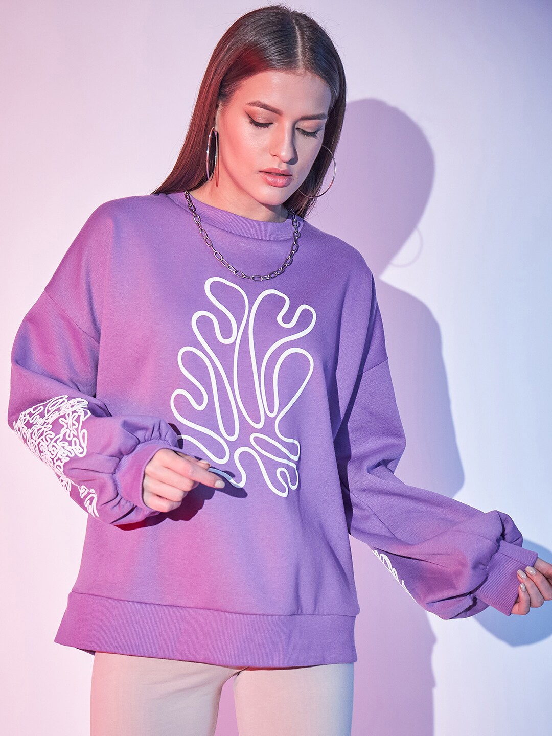 

STREET 9 Lavender Graphic Printed Pullover Fleece Sweatshirt